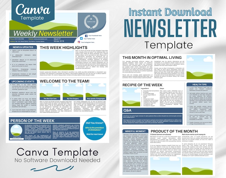 May include: A blue and white newsletter template with the text "Canva Template" and "Instant Download NEWSLETTER Template". The template has sections for news and updates, this week's highlights, upcoming events, welcome to the team, person of the week, did you know, this month in optimal living, recipe of the week, health tips, Q&A, mindful moment, and product of the month.