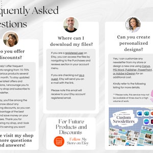 May include: A graphic with three sections, each featuring a person and text. The first section asks "Do you offer discounts?" and explains that the shop offers frequent discounts. The second section asks "Where can I download my files?" and explains how to download files. The third section asks "Can you create personalized designs?" and explains that the shop can customize designs. The graphic also includes a call to action to follow the shop on Etsy for future products and discounts.