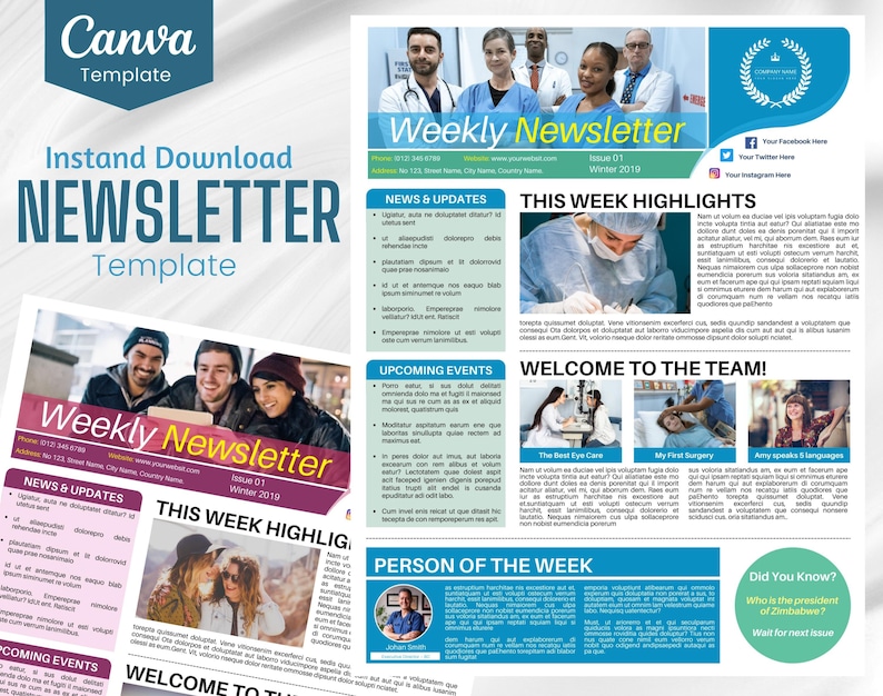 May include: A blue and white newsletter template with the title "Weekly Newsletter" and the text "Issue 01 Winter 2019". The newsletter includes sections for news and updates, this week's highlights, upcoming events, and a welcome to the team section. The newsletter also features a person of the week section and a "Did You Know?" section.