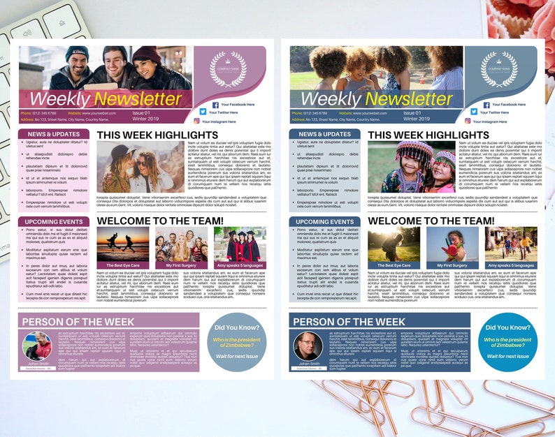 May include: A two-page newsletter with a blue and gray color scheme. The newsletter features a weekly highlight section, a welcome to the team section, and a person of the week section. The newsletter also includes a did you know section with a question about the president of Zimbabwe.