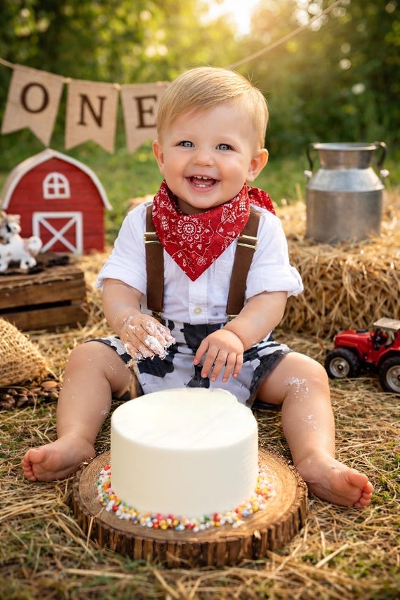 Boy Cake Smash Outfit, Farm Cake Smash, Cow Print, Barnyard Birthday, Boy 1st Birthday, Boy Cake Smash Set, 1st Birthday Photography Prop