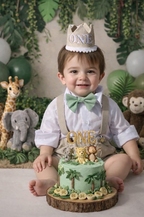 Jungle Birthday Boy Cake Smash Outfit, Wild One Birthday Outfit, Safari, Zoo, Diaper Cover, Bow Tie, Suspenders, Birthday Outfit