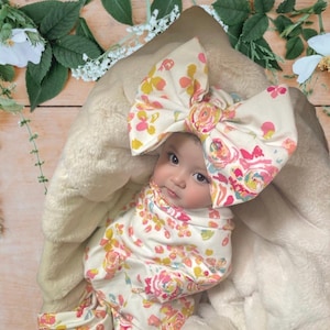 Conjunto de manta para recién nacidos con lazo y gorro a juego, tarjeta de anuncio de nacimiento, manta de recepción para niña recién nacida, manta para bebé con estampado floral para guardería.