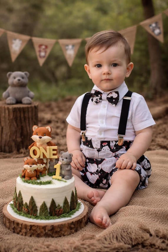 Woodland 1st Birthday Boy Outfit First Birthday Boy Woodland Wild One Beige Pants With Suspenders With Bow Tie Forest Raccoon Bear Fox