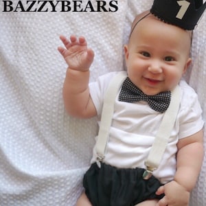 Cake Smash Boy Outfit,Black and White 1st Birthday Boy, Black Diaper Cover, Bowtie, Suspender, gold suspenders, First Birthday Boy, Boys 1st