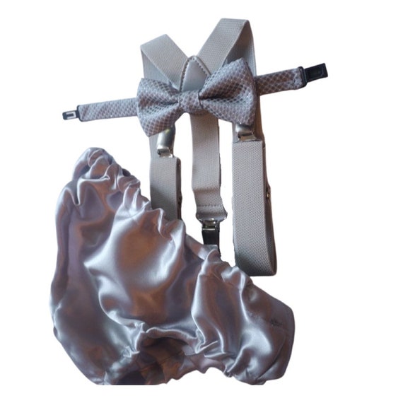 Cake Smash Outfit Gray Silver — Boys First Birthday Outfit Gray Silver — Baby Grey Bow Tie & Baby Grey Diaper Cover with Gray Suspenders
