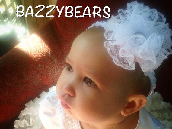 baptism baby headband, baby flower headband, communion headband, flower baby headband, white lace headband, baby flower headband, gem hair