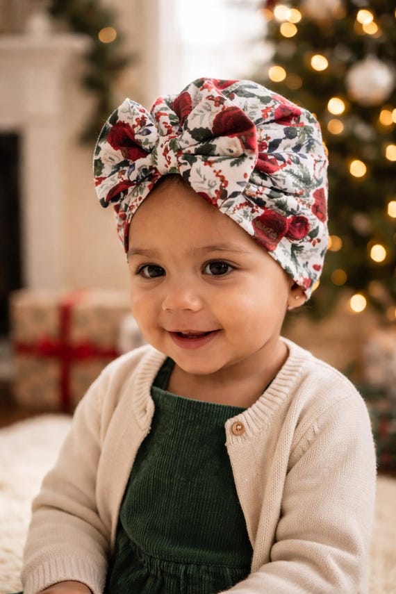 Baby Christmas Hat - Ho Ho Ho Baby girl Hat - Baby Girl Hat - Baby Hat -Pointsettia Hat - red christmas hat - turban christmas hat - newborn