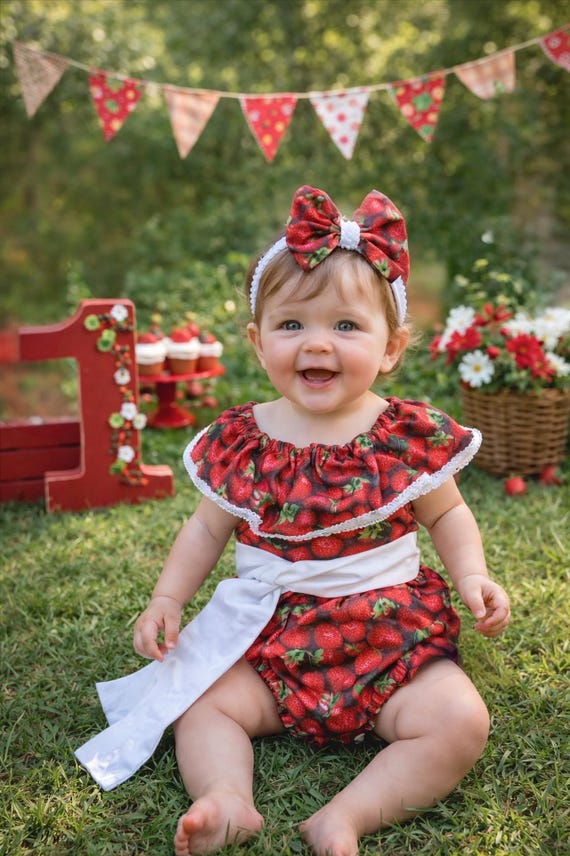 Baby girl, strawberry jumpsuit romper, ready to ship, spring outfit, summer outfit, multiple season, baby 1st birthday, cotton