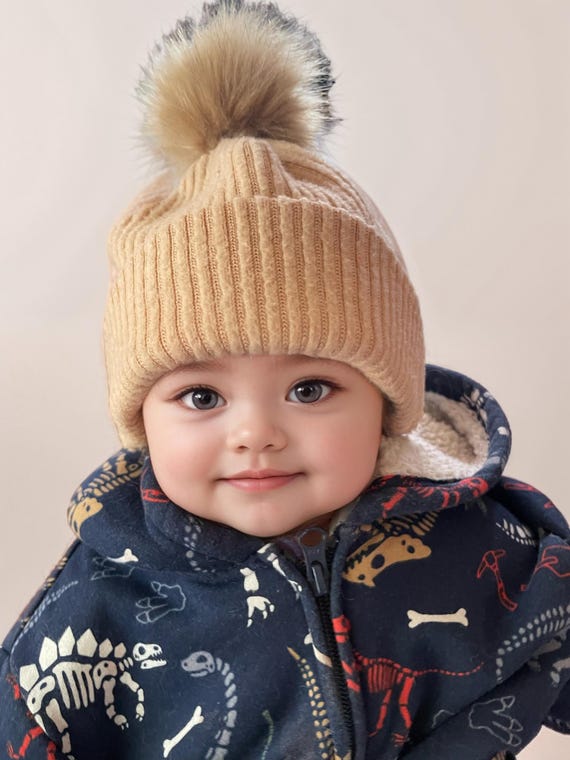 Knit Pompom Hat - Beige ribbed Beanie with Pom Pom - Winter Hat with Pompom - Beige Knitted Toque - Pompom Beanie Hat - Beige Knitted Hat