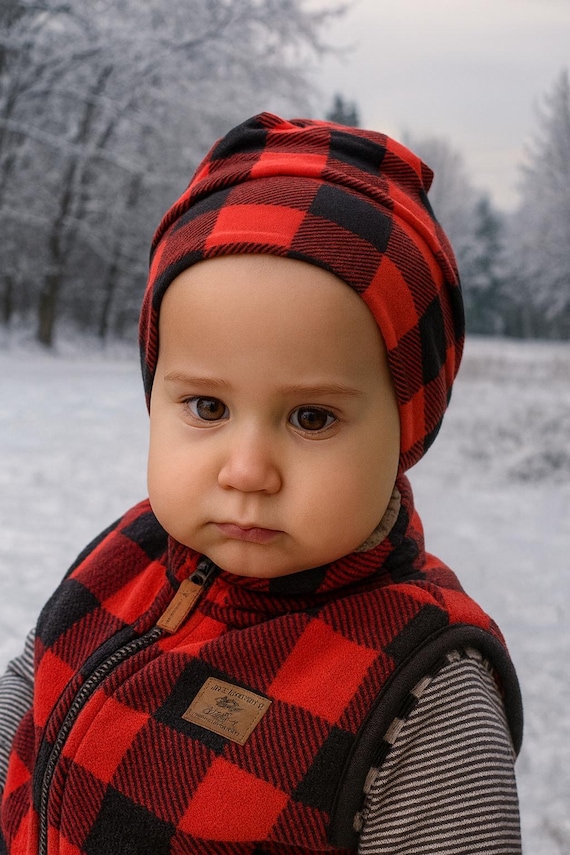 Reversible Red Buffalo Plaid lumberjack and Black Slouchy plaid red Beanie Hat - Unisex Baby Toddler Kids Women Men Adult