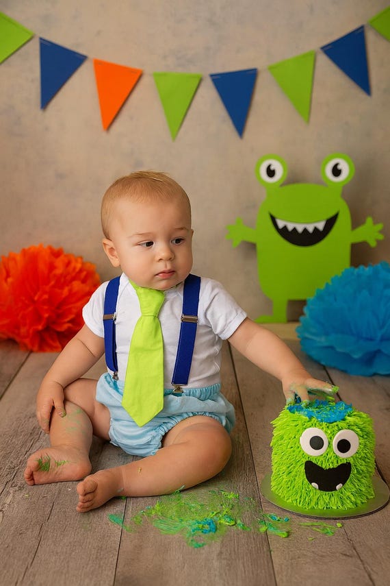 Boys First Birthday Outfit - Monster Party - Diaper Cover, Tie & bloomers - blue Suspenders - 1st Birthday - Cake Smash Outfit