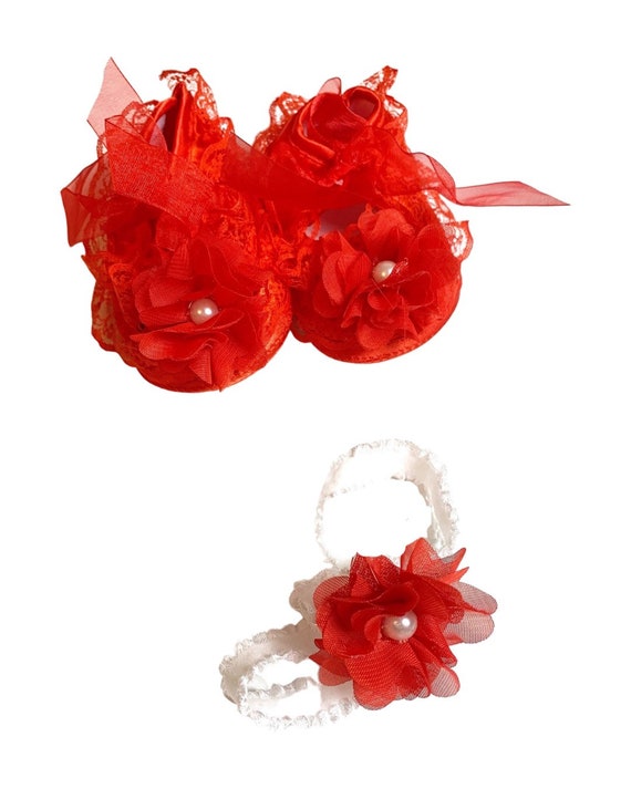 Red baby shoes set with lace and flower, Red baby gift set of cute baby shoes and headband, handmade baby girl dress SET, girl party outfit