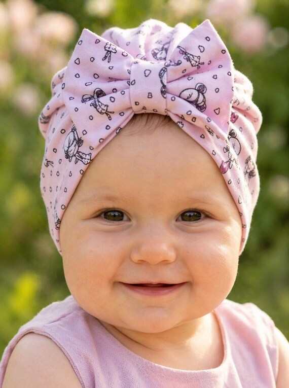 Baby Turban Hat, Newborn Turbans, Baby Girl Hair Bow, Pink Hair Bow, Baby Shower Gift, Valentines Day Gift, Hat with Bow