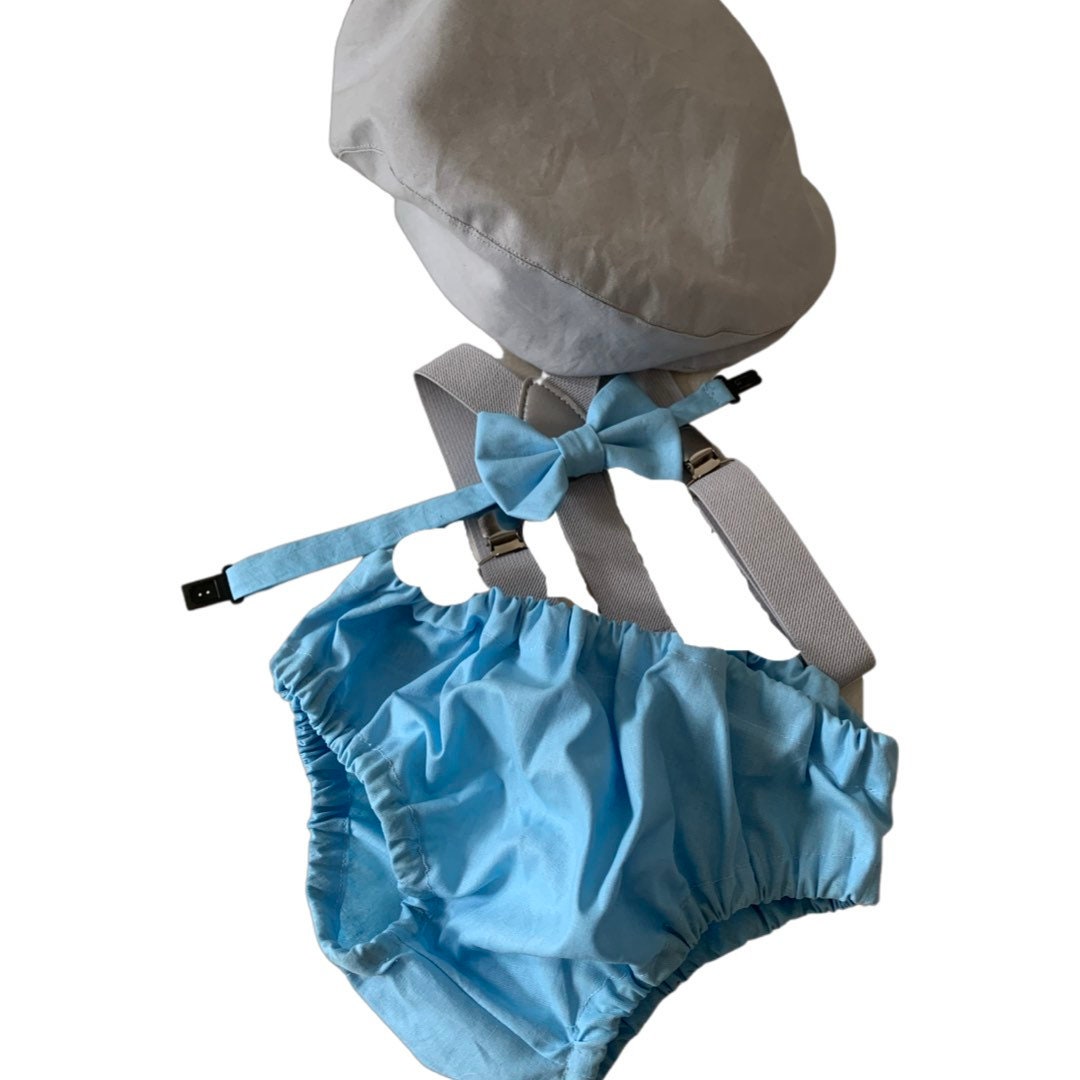 Gray Cake Smash Boy First Birthday super soft cotton dark gray Diaper Cover, light gray Suspenders, bow tie light gray color.