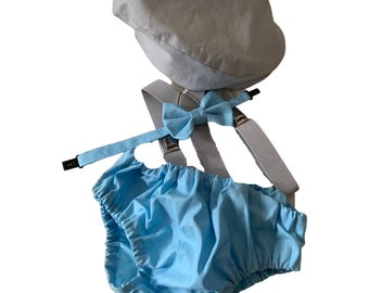 Gray Cake Smash Boy First Birthday super soft cotton light blue Diaper Cover, light gray Suspenders, bow tie blue color.