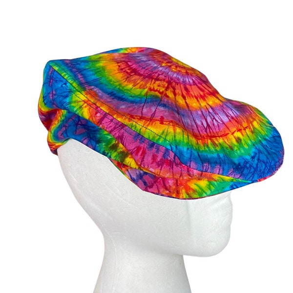 Handmade Tie Dye Flatcap Gatsby Newsboy Rave Hat Rainbow Multi Colour Festival Tie dye flat cap