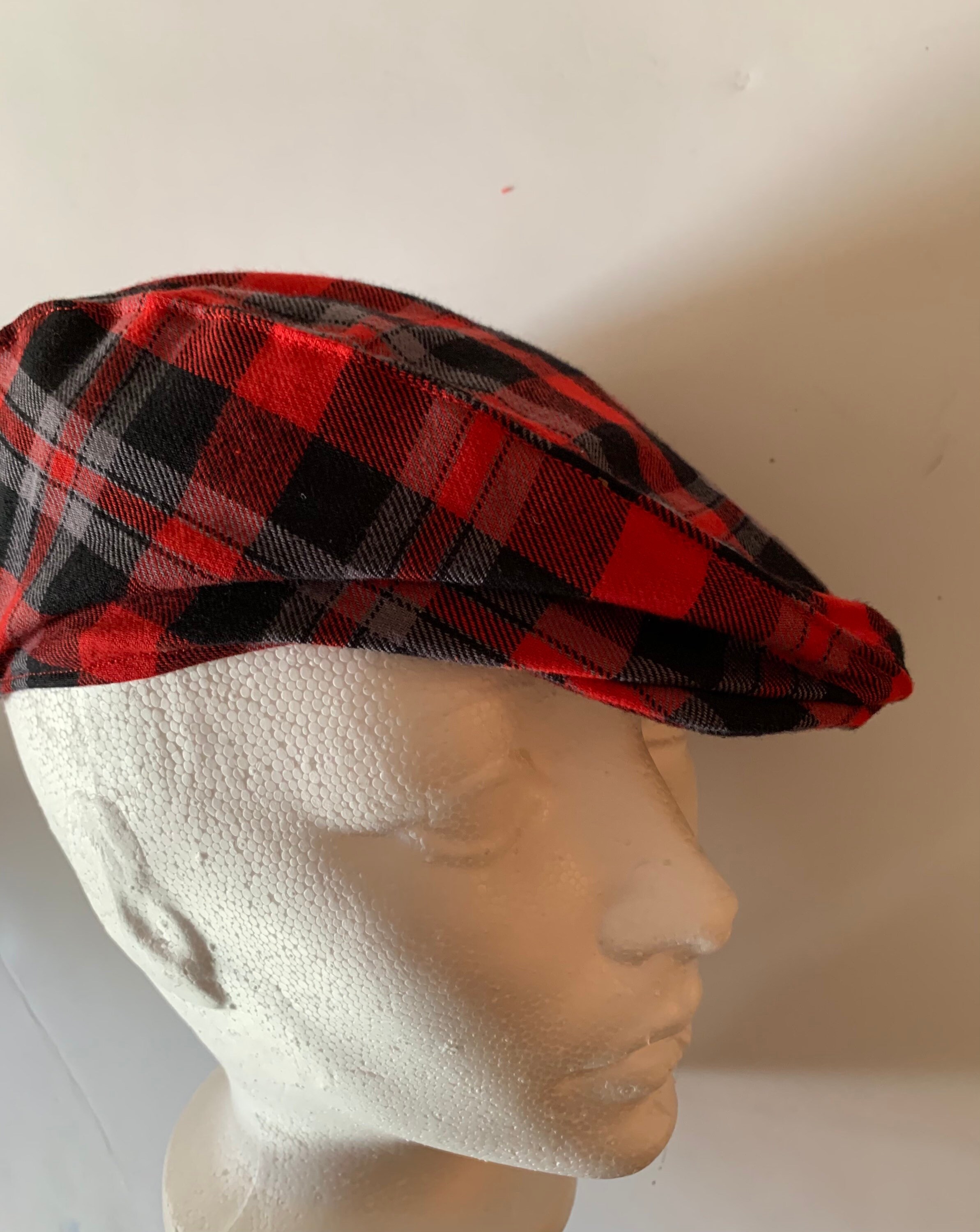 Red and Black Buffalo Check Flat Cap, Red Buffalo Plaid Newsboy Hat