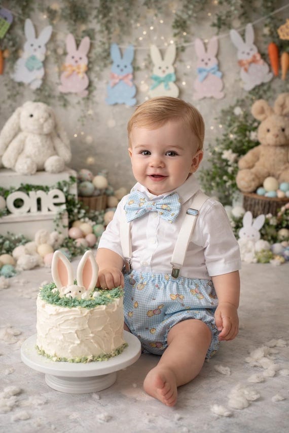 Boys Cake Smash Outfit - Blue Gingham - Vintage easter- Diaper Cover, Bow Tie & suspenders - Boys Birthday Outfit First 1st Birthday - eggs