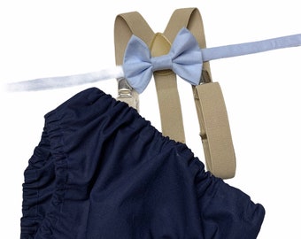 Cake Smash Boy First Birthday super soft navy cotton Diaper Cover,navy Suspenders, navy bow tie, Birthday Photoshoot main image 1