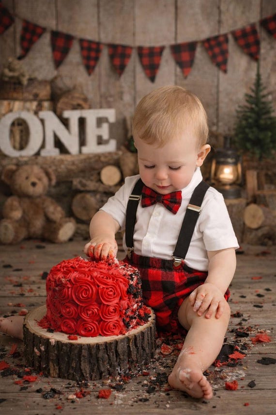 Lumberjack Birthday Diaper Cover, red and black plaid set, photo prop, cake smash outfit, woodlands, Bear outfit