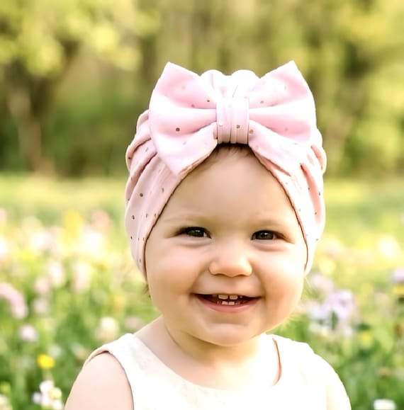 Baby Turban Hat, Newborn Turbans, Baby Girl Hair Bow, Pink Hair Bow, Baby Shower Gift, Valentines Day Gift, Hat with BowA
