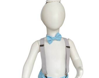 Cake Smash Outfit Gray Blue — Boys First Birthday Outfit Gray Blue — Baby Blue Bow Tie & Baby Blue Diaper Cover with Gray Suspenders
