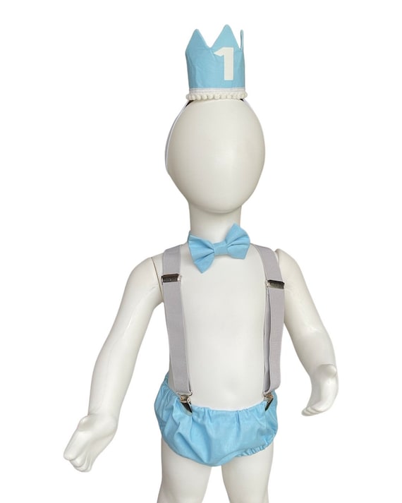 Cake Smash Outfit Gray Blue — Boys First Birthday Outfit Gray Blue — Baby Blue Bow Tie & Baby Blue Diaper Cover with Gray Suspenders