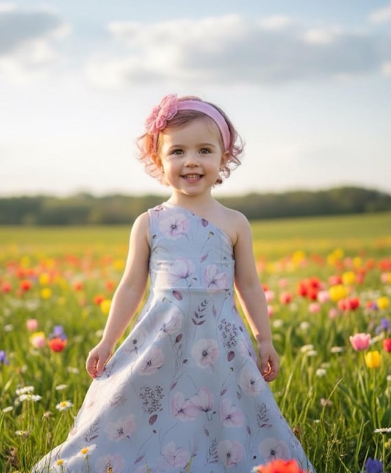 Blue floral Girl Dress, one shoulder, photoshoot Dress, Pink Baby Dress,Pink Suade Dress, Pink Princess Birthday Dress,Pageant girl dress