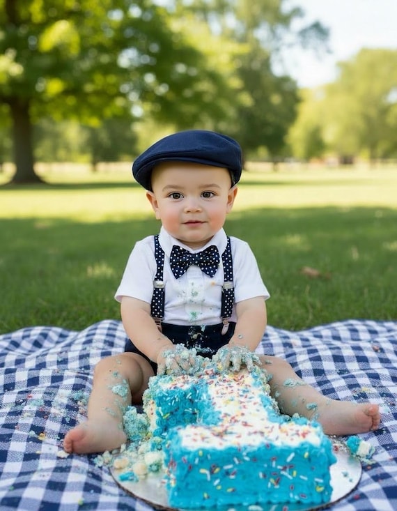 Navy Smash Cake Outfit Boy First Birthday super soft navy cotton Diaper Cover, navy Suspenders and navy bow tie 1st Birthday Photoshoot