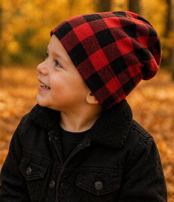 Reversible Red Buffalo Plaid lumberjack and Black Slouchy plaid red Beanie Hat - Unisex Baby Toddler Kids Women Men Adult