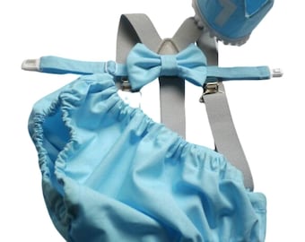 Cake Smash Outfit Gray Blue — Boys First Birthday Outfit yellow Blue — Baby Blue Bow Tie & Baby Blue Diaper Cover with yellow Suspenders