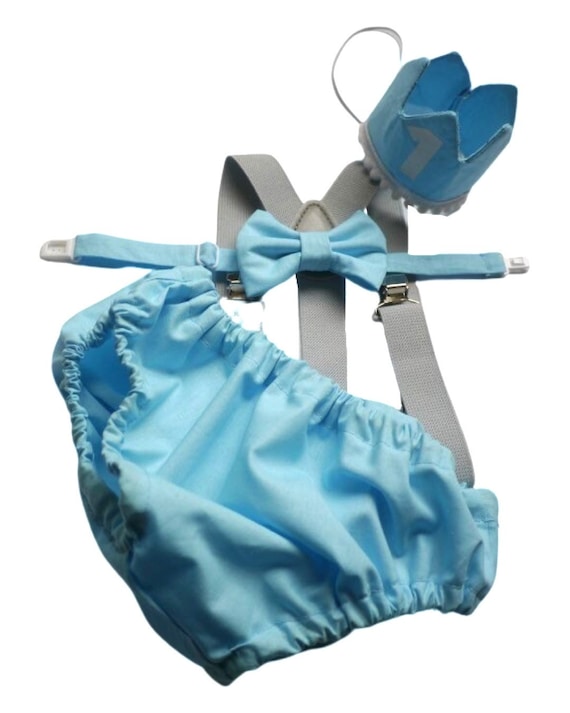 Cake Smash Outfit Gray Blue — Boys First Birthday Outfit Gray Blue — Baby Blue Bow Tie & Baby Blue Diaper Cover with Gray Suspenders