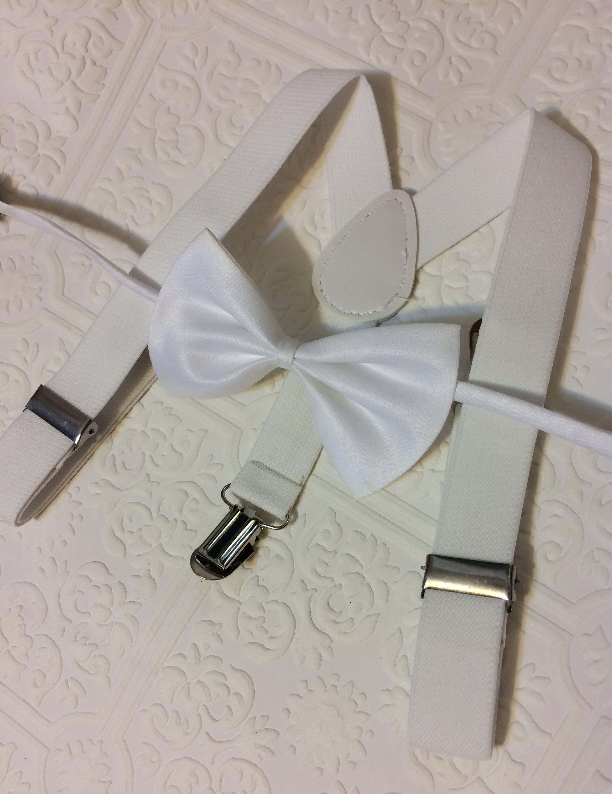 Baby suspenders and bow tie, white baby bow tie, baby bow tie