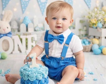Zestaw dla chłopca Cake Smash Outfit lub kup element Wielkanocny niebieski pokrowiec na pieluchy Muszka Szelki Pierwsze urodziny Okładka na pieluchy Rekwizyt do zdjęć
