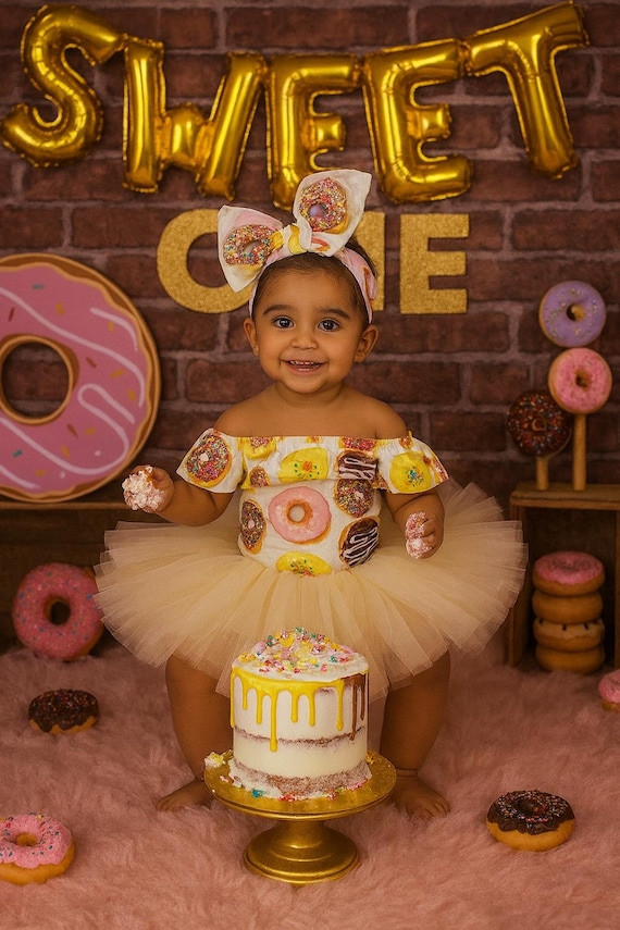 Donut romper, cake smash, doughnut romper, first birthday, romper, vintage style, tracked shipping USA and Canada