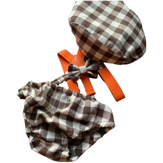 Brown checkered sitter set - baby boy photo prop - baby clothes - vintage style - flat cap - cake smash outfit