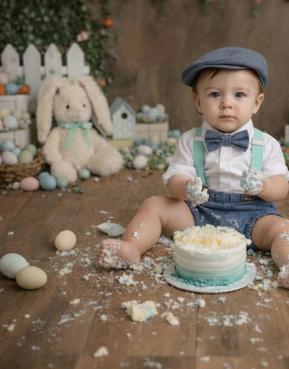 Light denim sitter set - baby boy photo prop - baby clothes - vintage style - flat cap - cake smash outfit