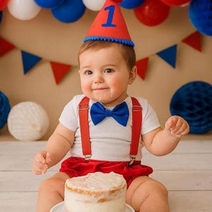 red cake smash outfit boy, Videogame cake smash, red bow tie, smash cake outfit boy, red diaper cover, red blue baby bow tie, red suspenders