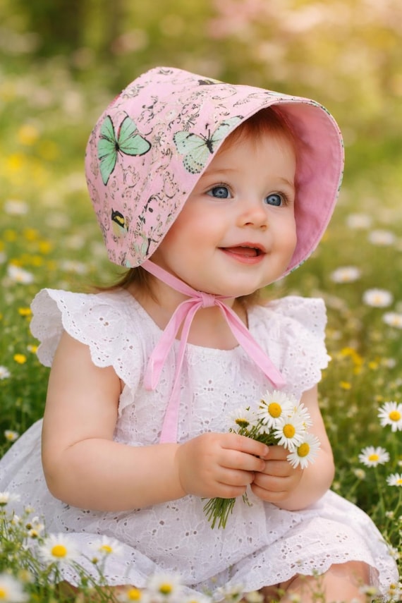 Pink Cotton Baby Bonnet, butterfly Bonnet, Easter Bonnet, Baby Sun Bonnet, Summer Bonnet, Toddler Bonnet, Baby Hat, Bonnet Chapeau