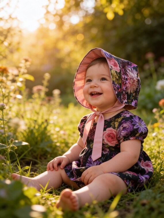Baby Bonnet, Baby Girl Sunhat, Baby Linen Bonnet, Baby Sun Bonnet, Baby flower bonnet, Linen Sunhat, Rose, Pink bonnet, Purple bonnet