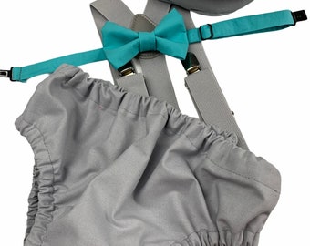1st Birthday boy cake smash bow tie suspenders outfit 12 mo Teal, gray, boy outfit, bloomers, diaper cover