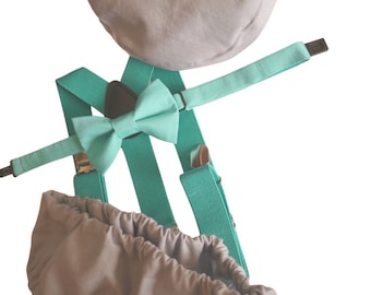 1st Birthday boy cake smash bow tie suspenders outfit 12 mo Teal, gray, boy outfit, bloomers, diaper cover