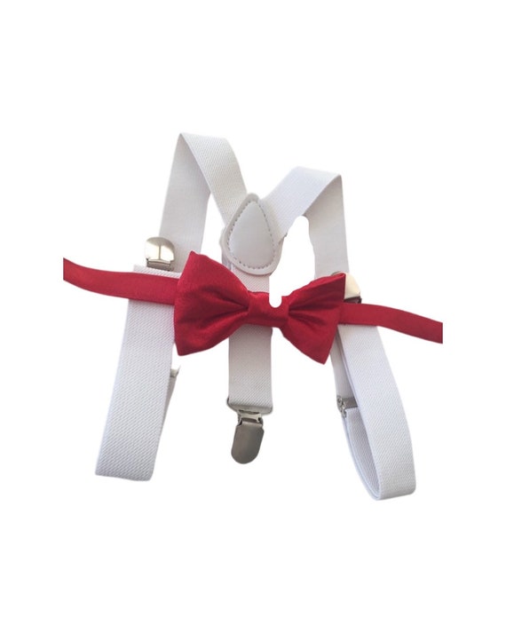 Bow Tie and Suspender Set, white Suspenders, boy Suspenders, baby Suspender Bow Tie, David's Bridal Apple Red suspenders, Apple Red bow tie