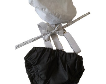 Cake Smash Boy First Birthday super soft black cotton Diaper Cover,grey Suspenders,black bow tie, Birthday Photoshoot