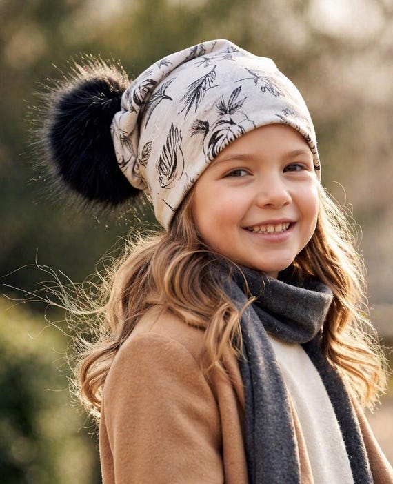 Floral Pom Pom Beanie, Baby Girl Hat, Toddler Slouchy Hat, Grey Floral Hat with Black Pom, Fall Winter Kids Hat, Girl Slouch Beanie