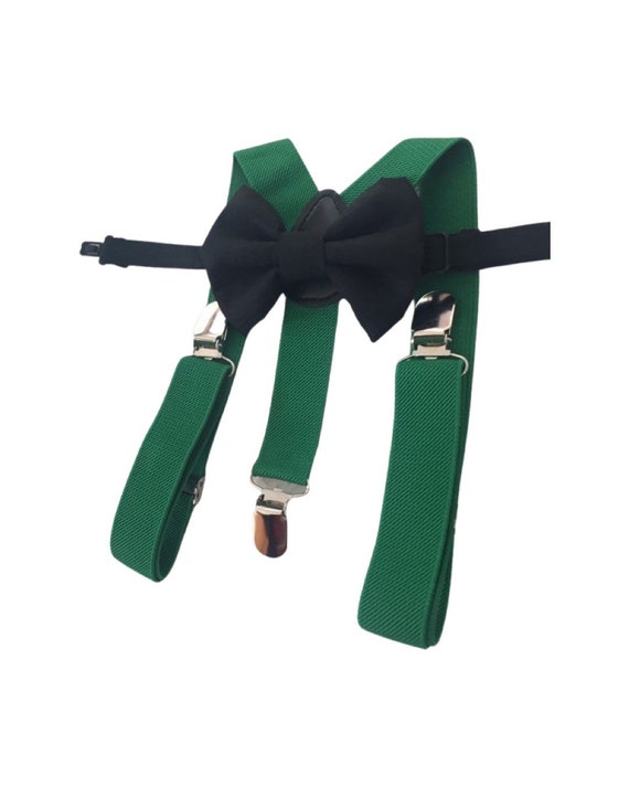 Forest green bow tie suspenders, green suspenders boys, black green bow tie toddler,  black bow tie baby, green braces bow tie