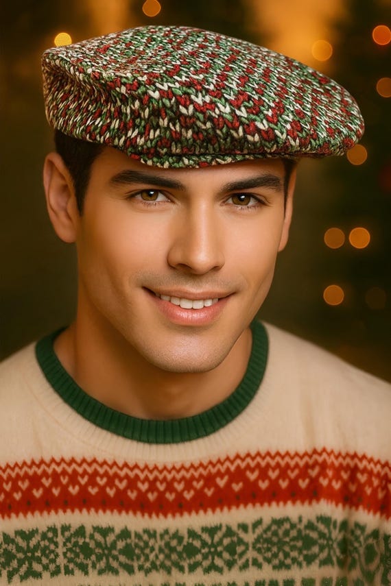 Red Flat Cap, Red Newsboy Hat, Birthday Boy Red Hat, Man Red Flat Cap Hat Gift, knitted cap, christmas cap, red and green cap