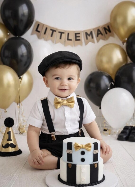 Baby boy first birthday outfit, black and gold birthday outfit, black bow tie and suspenders, black diaper cover set, boy cake smash outfit