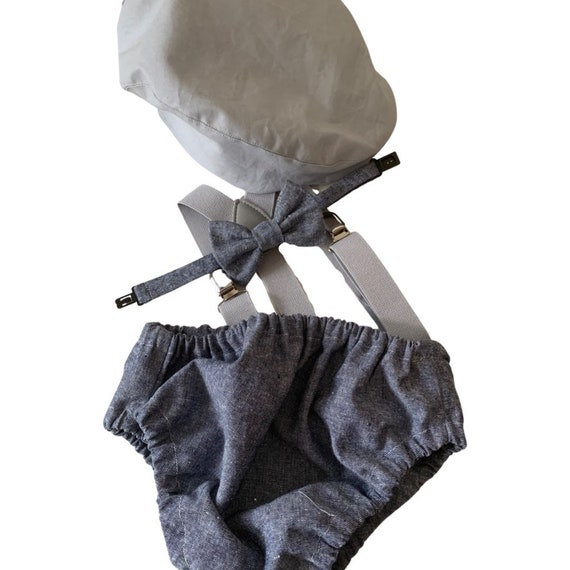 Light denim sitter set - baby boy photo prop - baby clothes - vintage style - flat cap - cake smash outfit